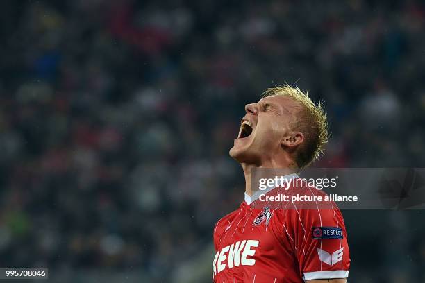 Cologne's Frederik Soerensen reacts after a missed chance during the Europa League match between 1.FC Cologne and Red Star Belgrade at the...