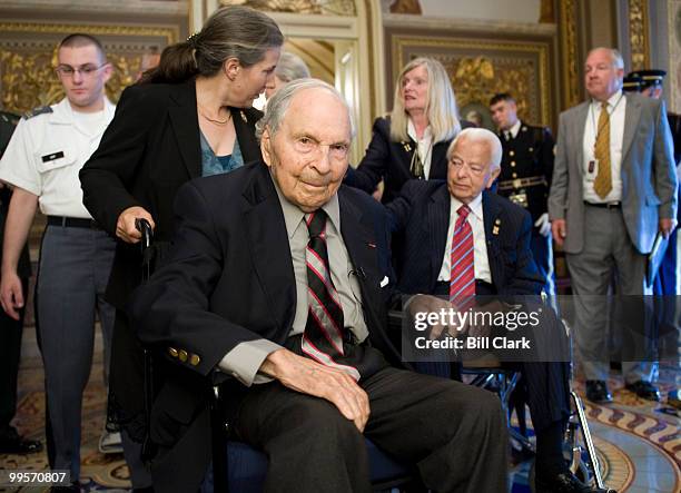 From left, Frank Buckles, the last surviving World War I veteran, waits with Sen. Robert Byrd, D-W. Va., in the Senate Reception Room in the Capitol...