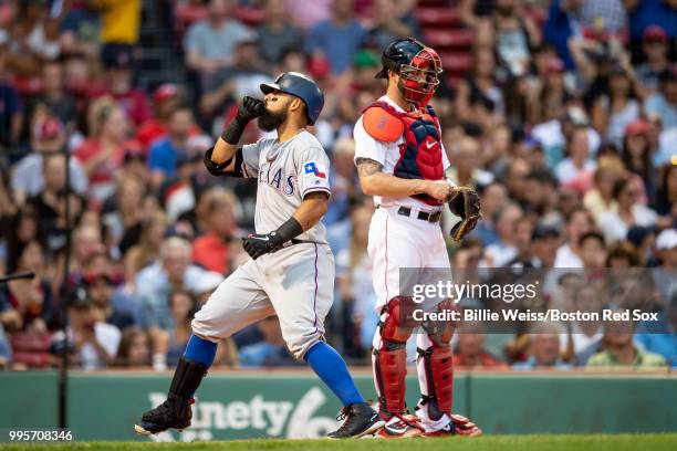 Rougned Odor of the Texas Rangers reacts after hitting a solo home run during the second inning of a game against the Boston Red Sox on July 10, 2018...