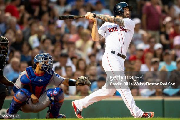 Blake Swihart of the Boston Red Sox hits a double during the third inning of a game against the Texas Rangers on July 10, 2018 at Fenway Park in...