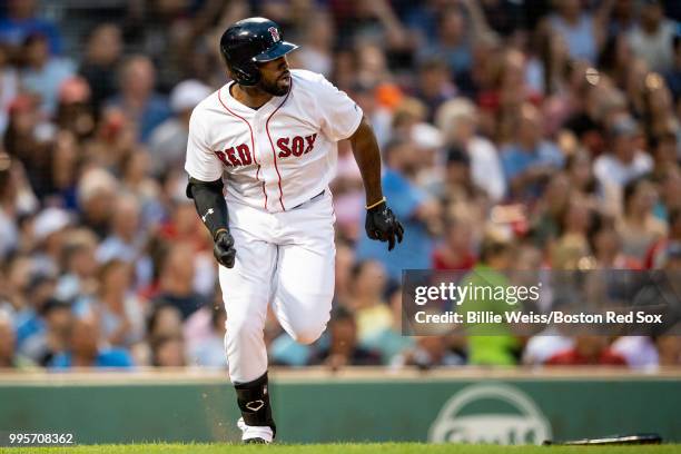 Jackie Bradley Jr. #19 of the Boston Red Sox hits an RBI double during the third inning of a game against the Texas Rangers on July 10, 2018 at...