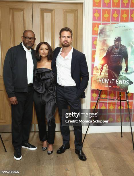 Forest Whitaker, Kat Graham and Theo James attend the "How It Ends" Screening hosted by Netflix at Crosby Street Hotel on July 10, 2018 in New York...