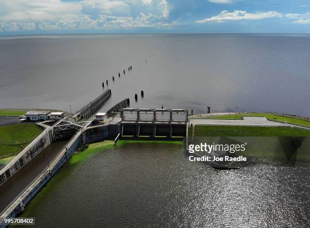 Green algae blooms are seen at the Port Mayaca Lock and Dam on Lake Okeechobee on July 10, 2018 in Port Mayaca, Florida. Gov. Rick Scott has declared...