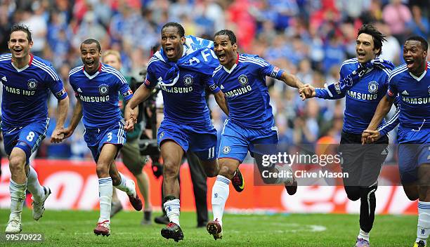 Frank Lampard , Ashley Cole, Didier Drogba, Florent Malouda, Paulo Ferreira and Daniel Sturridge of Chelsea celebrate at the end of the FA Cup...