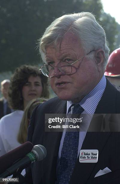 Sen Edward Kennedy speaks at the press conference to kick off fire prevention week .