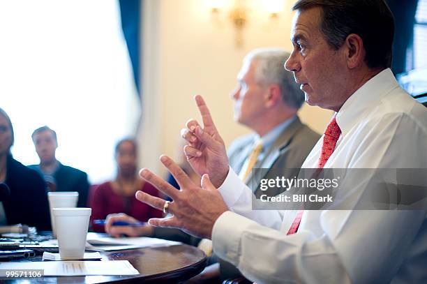 Conference chairman Mike Pence, R-Ind., left, and House Majority Leader John Boehner, R-Ohio, hold a briefing for reporters in the Capitol on Monday,...