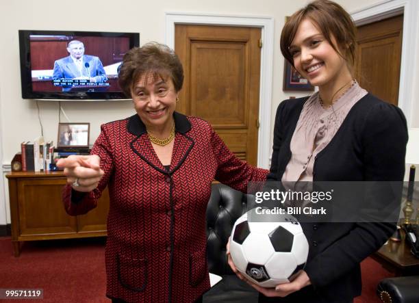 Rep. Nita Lowey, D-N.Y., meets with actress Jessica Alba to discuss 1GOAL, a campaign to make the lasting legacy of the 2010 FIFA World Cup in South...