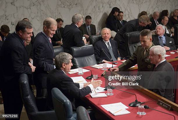 From left, Sen. Mark Pryor, D-Ark., Sen. Bill Nelson, D-Fla., Sen. Ben Nelson, D-Neb., speak with Joint Chiefs of Staff chairman Gen. Peter Pace and...