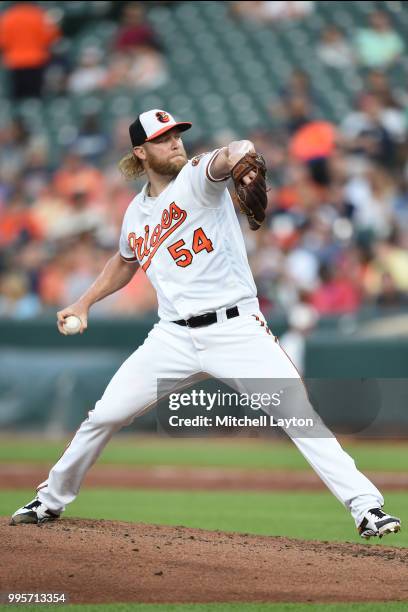 Andrew Cashner of the Baltimore Orioles pitches in the second inning during a baseball game against the New York Yankees at Oriole Park at Camden...