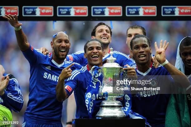 Nicolas Anelka , Didier Drogba and Florent Malouda of Chelsea celebrate winning the FA Cup sponsored by E.ON Final match between Chelsea and...