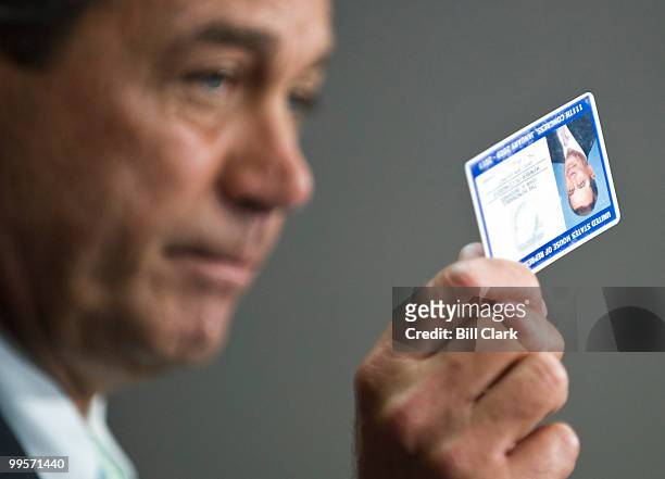 House Minority Leader John Boehner holds his weekly news conference in the U.S. Capitol on Thursday, April 30, 2009. He is displaying his...