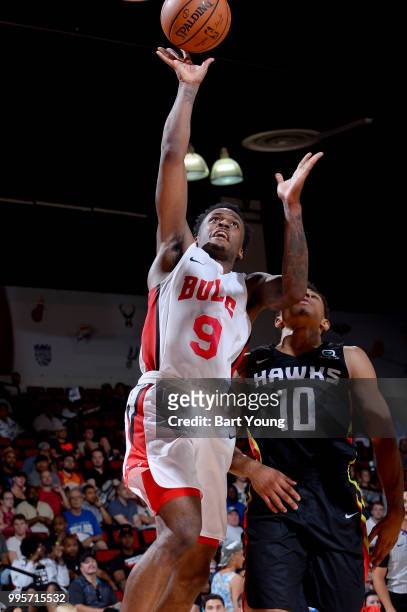 Antonio Blakeney of the Chicago Bulls goes to the basket against the Atlanta Hawks during the 2018 Las Vegas Summer League on July 10, 2018 at the...