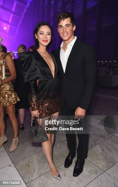 Betty Bachz and Pietro Boselli attend the BVLGARI MAN WOOD ESSENCE event at Sky Garden on July 10, 2018 in London, England.