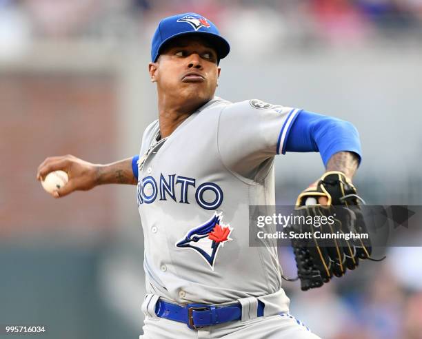 Marcus Stroman of the Toronto Blue Jays throws a second inning pitch against the Atlanta Braves at SunTrust Park on June 26, 2018 in Atlanta, Georgia.