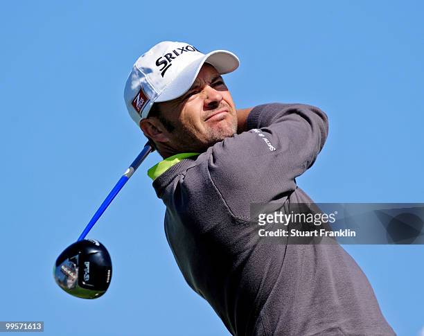 Andrew Marshall of England plays his tee shot on the 17th hole during the third round of the Open Cala Millor Mallorca at Pula golf club on May 15,...