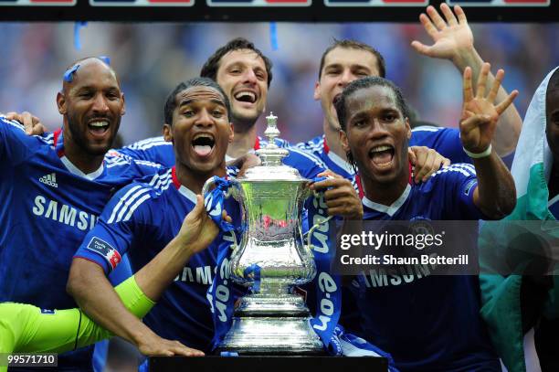 Nicolas Anelka , Didier Drogba and Florent Malouda of Chelsea celebrate winning the FA Cup sponsored by E.ON Final match between Chelsea and...