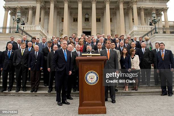 Senate Minority Leader Mitch McConnell, left, and House Minority Leader John Boehner hold the Republicans' bicameral budget news conference on the...