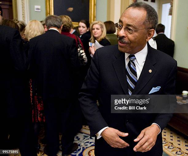 Sen. Roland Burris, D-Ill., leaves the after President Obama's lunch meeting to dicuss the budget with Senate Democrats in the U.S. Capitol on...