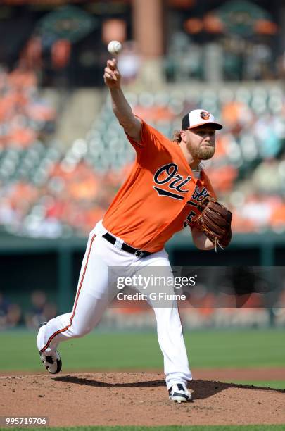 Andrew Cashner of the Baltimore Orioles pitches against the Los Angeles Angels at Oriole Park at Camden Yards on June 30, 2018 in Baltimore, Maryland.