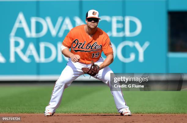 Chris Davis of the Baltimore Orioles plays first base against the Los Angeles Angels at Oriole Park at Camden Yards on June 30, 2018 in Baltimore,...