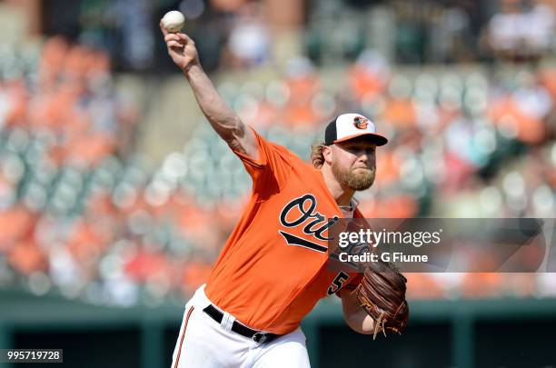 Andrew Cashner of the Baltimore Orioles pitches against the Los Angeles Angels at Oriole Park at Camden Yards on June 30, 2018 in Baltimore, Maryland.