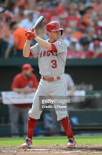 Ian Kinsler of the Los Angeles Angels bats against the Baltimore Orioles at Oriole Park at Camden Yards on June 30, 2018 in Baltimore, Maryland.