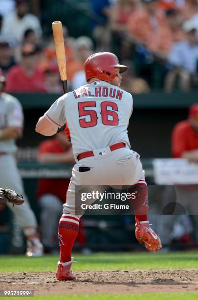 Kole Calhoun of the Los Angeles Angels bats against the Baltimore Orioles at Oriole Park at Camden Yards on June 30, 2018 in Baltimore, Maryland.