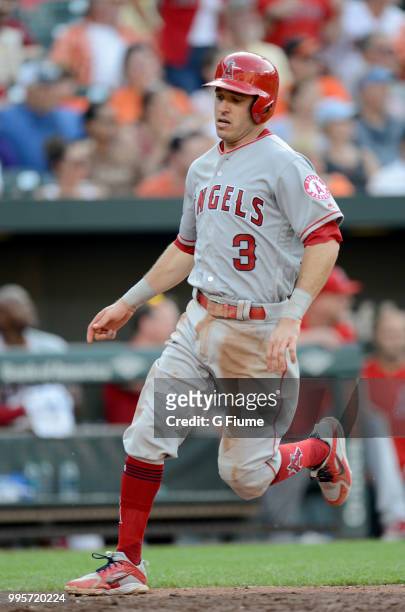 Ian Kinsler of the Los Angeles Angels runs the bases against the Baltimore Orioles at Oriole Park at Camden Yards on June 30, 2018 in Baltimore,...