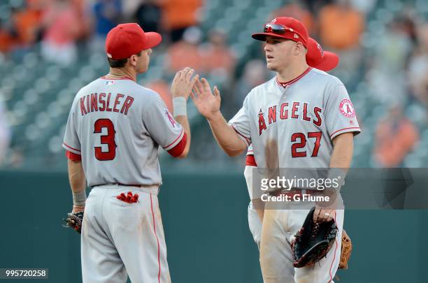 Ian Kinsler of the Los Angeles Angels celebrates with Mike Trout after a 6-2 victory against the Baltimore Orioles at Oriole Park at Camden Yards on...