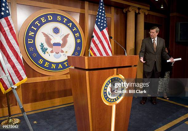 Sen. Kent Conrad, D-N. Dak., reacts to the newly redesigned Senate Radio/TV Gallery studio as he arrives for his news conference on the Congressional...