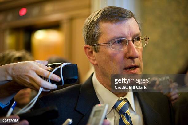 Sen. Kent Conrad, D-N. Dak., speaks to reporters as he leaves the Senate Democrats' policy lunch on Tuesday, Feb. 2, 2010.