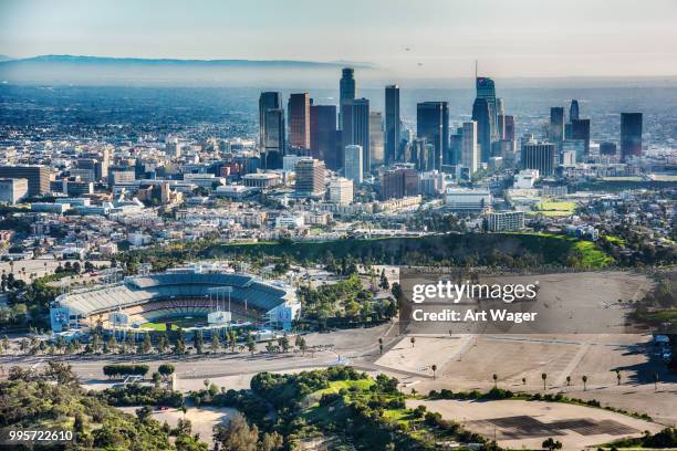 dodger stadium and downtown los angeles aerial view - helicopter point of view stock pictures, royalty-free photos & images