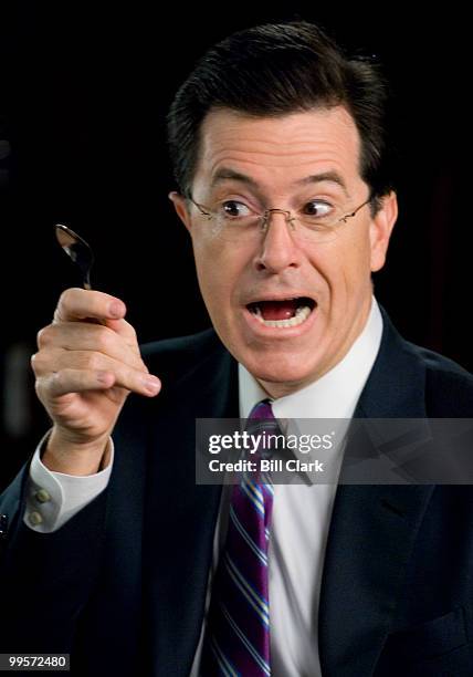 Stephen Colbert rehearses a line about torture with Colbert Report producer Jeff Cooperman for the "Better know a District" segment taping with Rep....