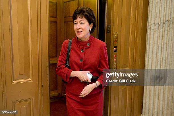 Sen. Susan Collins, R-Maine, gets off the elevator on the second floor of the U.S. Capitol as Senators make their way to the policy lunches on...