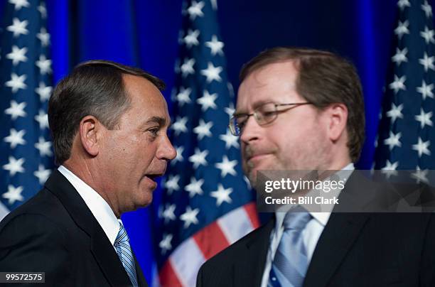 House Minority Leader John Boehner, R-Ohio, left, who was introduced by Grover Norquist, Americans for Tax Reform, prepares to speak at the...