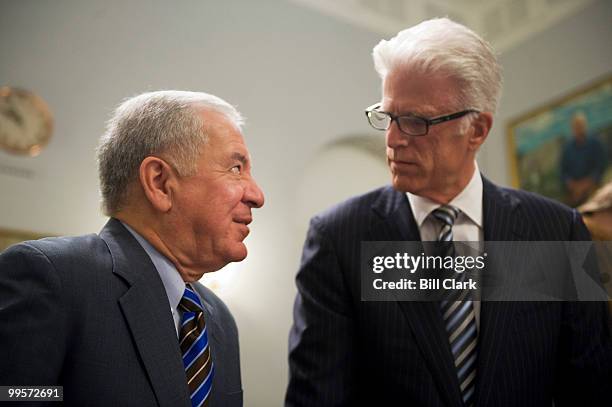 Chairman Nick Rahall talks with actor Ted Danson as they arrive for the House Natural Resources Committee hearing on offshore drilling on Wed. Feb....