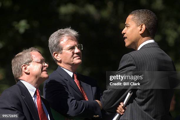 Sen. Barrack Obama, D-Ill., right talks with Sen. Mike DeWine, R-Ohio, left, and Sen. Tom Coburn, R-Okla., outside of the Russell Senate Office...