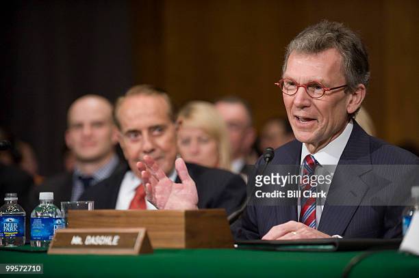 Former Senate Majority Leader Tom Daschle, D-S.D., testifies during the Senate Health, Education, Labor and Pensions Committee confirmation hearing...