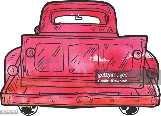 old fashioned pick up truck tailgate with watercolor texture - vintage car trunk stock illustrations