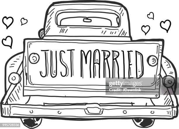 stockillustraties, clipart, cartoons en iconen met net getrouwd oud ouderwetse pick-up truck achterklep met aquarel textuur - just married car