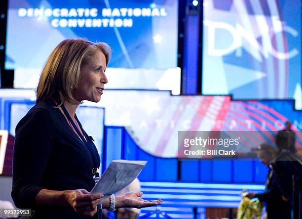 Anchor Katie Couric does a spot for CBS News on the convention floor before the start of day 3 of the 2008 Democratic National Convention at the...