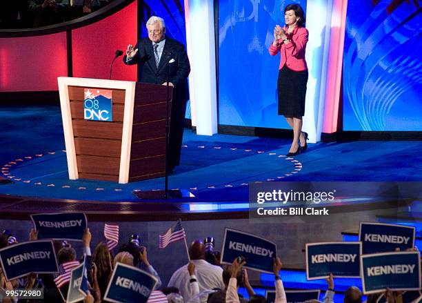 Sen. Edward Kennedy, D-Mass., makes a "surprise" speech as his wife Vicki claps during the 2008 Democratic National Convention at the Pepsi Center in...