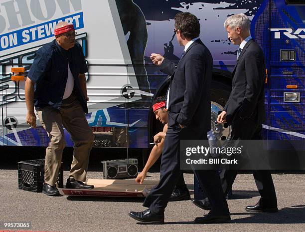 S Anderson Cooper films a spot with the Daily Show correspondents on the grounds of the Pepsi Center in Denver on day 2 of the Democratic National...