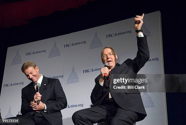 From left, Tony Perkins, president of FRC, and Dr. James Dobson, founder and chairman of Focus on the Family, speak during a Q&A session the Family...