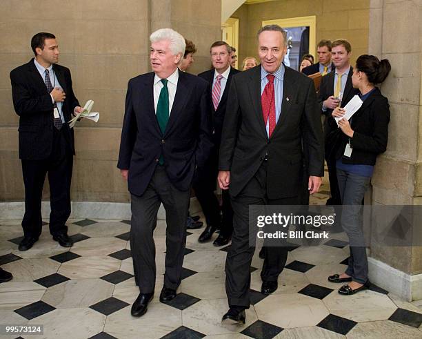 From left, Sen. Chris Dodd, D-Conn., Sen. Byron Dorgan, D-N.Dak., and Sen. Charles Schumer, D-N.Y., arrive for a meeting of the principal financial...