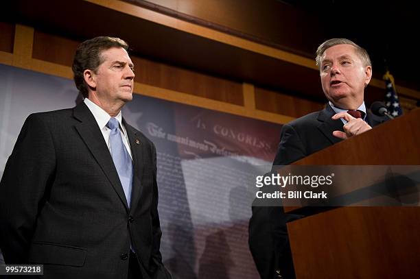 From left, Sen. Jim DeMint, R-S.C., and Sen. Lindsey Graham, R-S.C., participate with other GOP Senators for their news conference on Thursday, Feb....
