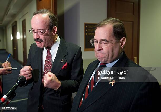 Rep. Eliot Engel, D-N.Y., and Rep. Jerrold Nadler, D-N.Y., speak to reporters following the House Democrats' caucus meeting Thursday morning, March...