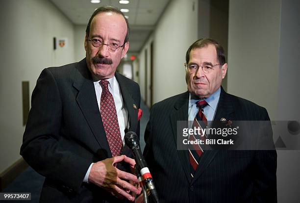 Rep. Eliot Engel, D-N.Y., and Rep. Jerrold Nadler, D-N.Y., speak to reporters following the House Democrats' caucus meeting Thursday morning, March...