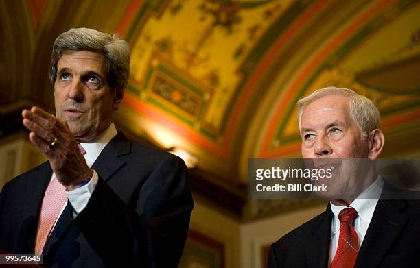 Sen. John Kerry, D-Mass., and Sen. Richard Lugar, R-Ind., hold a news conference outside of Senate Foreign Relations Committee room in the U.S....