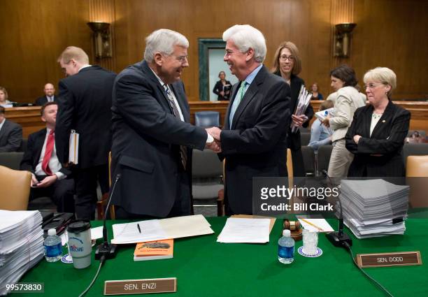 Sen. Michael Enzi, R-Wyo., left, and chairman Chris Dodd, D-Conn., talk before the start of the Senate Health, Education, Labor and Pensions...